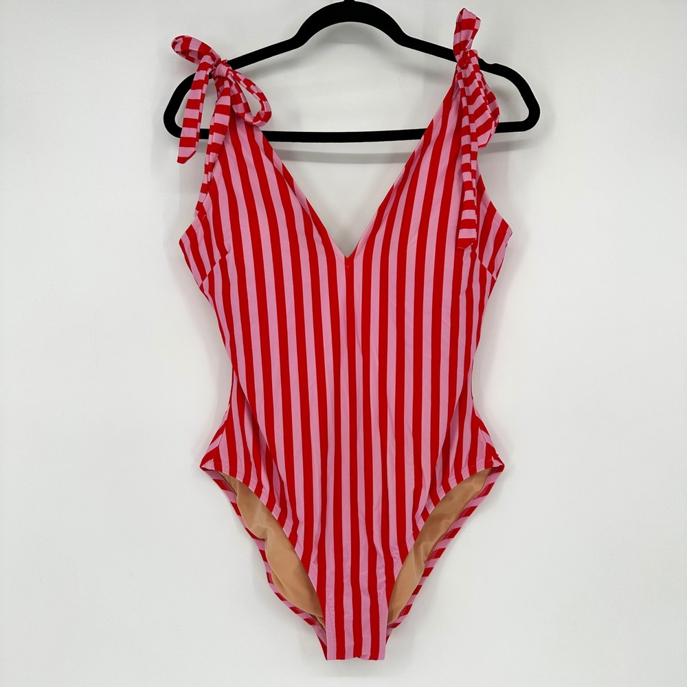 J. Crew Pink Striped Tie Shoulder One Piece Swimsuit Swim Beach Colorful L